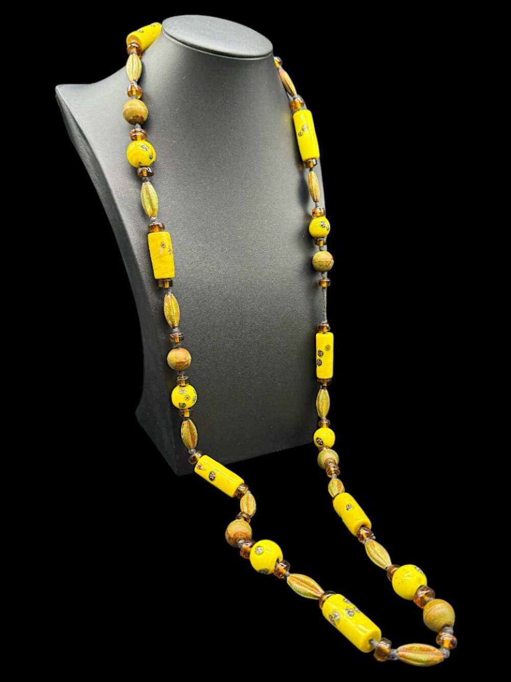 Vintage Millefiori Glass Beaded Necklace Yellow Floral Mixed Beads 40 inches